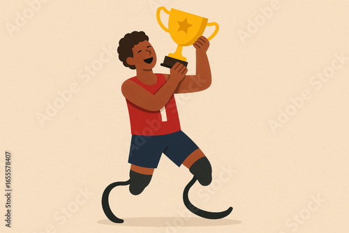Flat animated para-athlete lifting trophy vector illustration