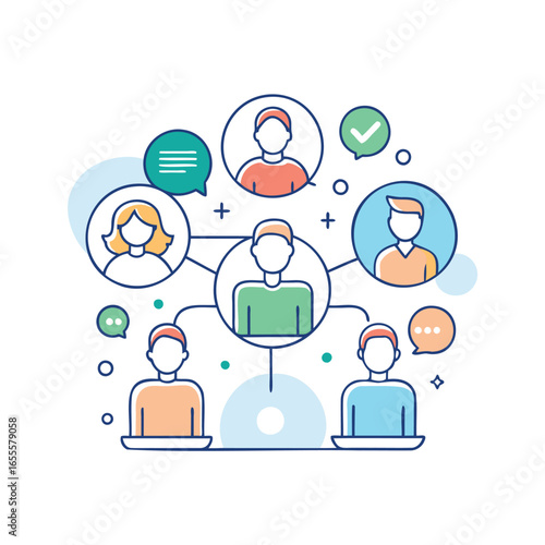 Connected people network with communication bubbles and checkmarks
