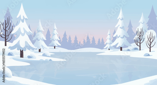 Snowy landscape with snowcovered trees bordering a frozen lake under a light blue sky