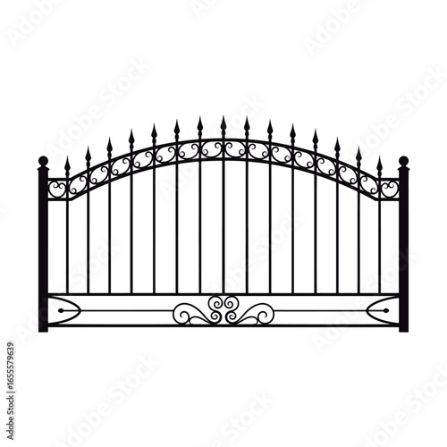 Elegant black wrought iron driveway gate with decorative scrollwork.
