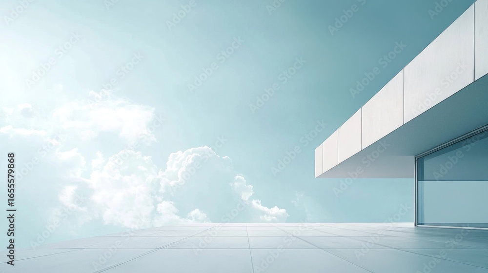 Obraz premium A modern, minimalist building with a glass facade and a view of the sky with clouds.