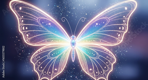 Wallpaper Mural A beautiful, glowing butterfly with vibrant rainbow-colored wings, surrounded by a magical, sparkling aura. Torontodigital.ca