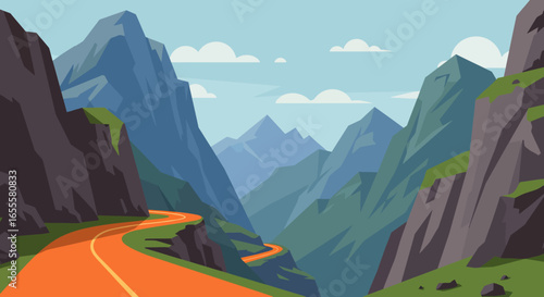 Winding orange road between angular mountains under a sky with scattered clouds