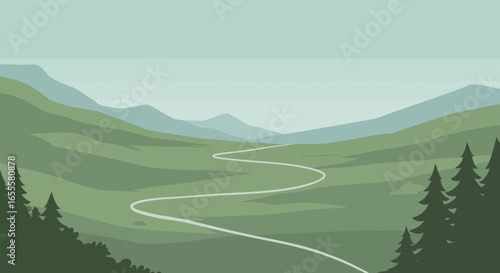Winding road through green hills under a pastel sky with mountains in the distance and pine trees on the sides