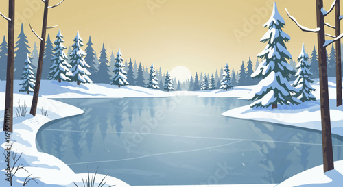 Winter scene with frozen lake snowcovered pine trees and a pale yellow sky