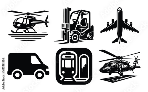 Vector art of collection of transportation icons including a helicopter, forklift, airplane, van, and train, representing various modes of travel and logistics