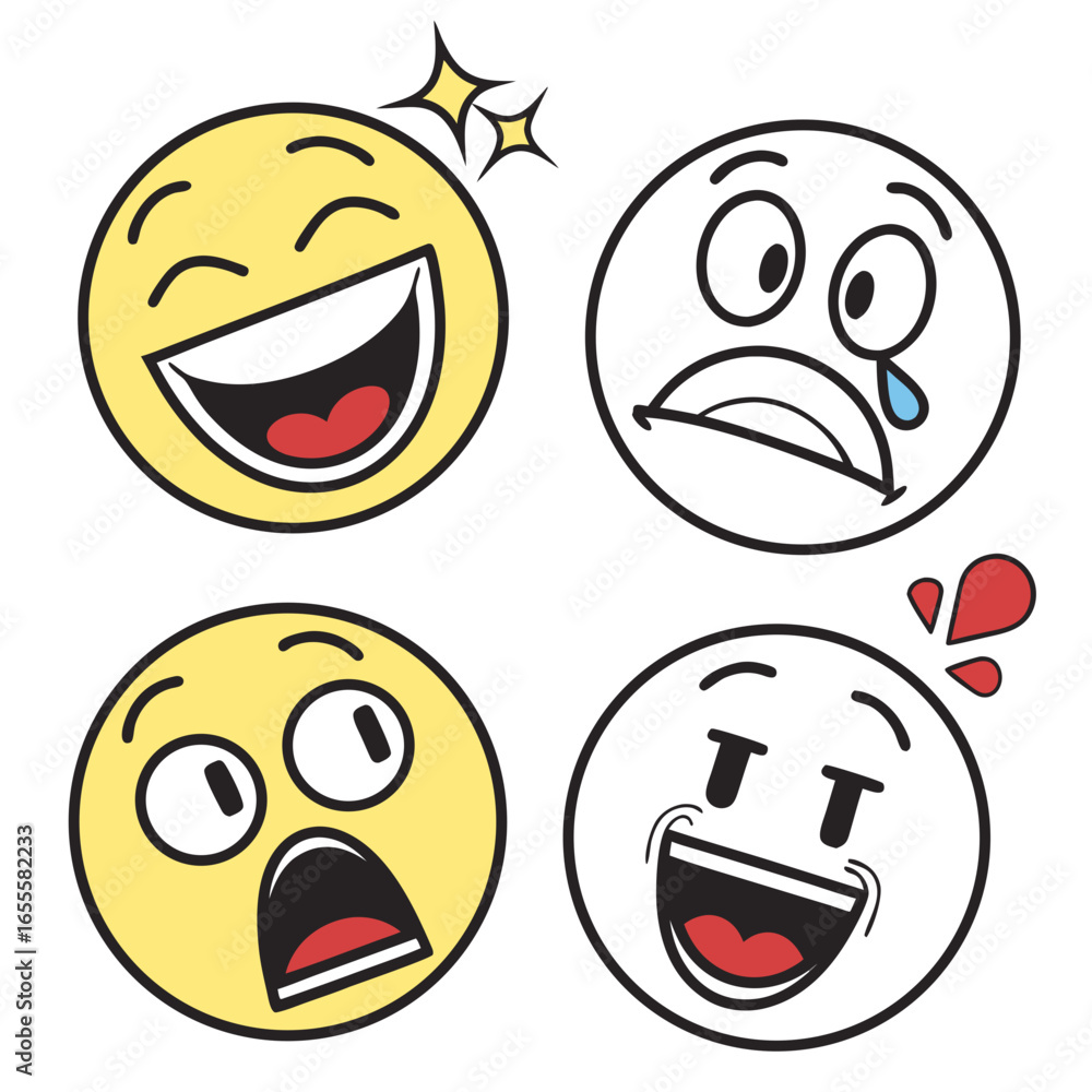 Fototapeta premium Four cartoon emoji faces expressing different emotions like laughter sadness shock and joy