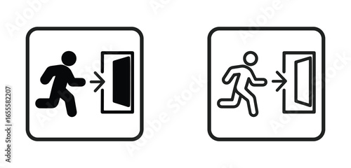 Running person entering an open door exit sign icons