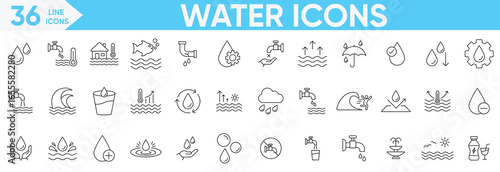 Water icon set line editable stroke.waterproof, glass of water, bottle, faucet, hydration, shower, drop, rain, tap, drinking water and more.Vector and illustration