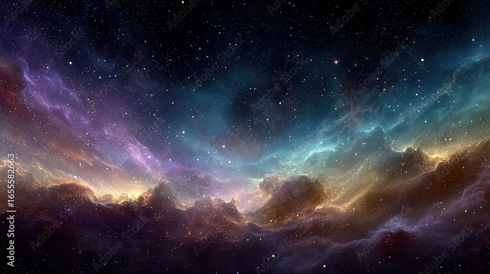 Fototapeta premium Multicolor Nebula with Purple Pink Blue Yellow Green Hues and Glowing Star Clusters in Deep Space for Sci-Fi Design or Astronomy Education