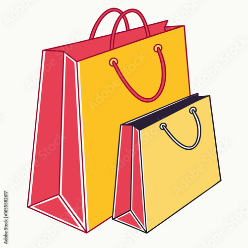 Two stylized shopping bags one large yellow and red the other smaller yellow and purple isolated on white