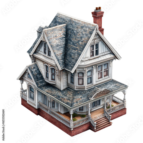 Gray Victorian house with wraparound porch  
