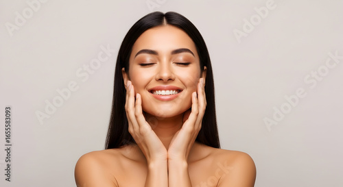 Beautiful Woman with Smooth Skin and Radiant Smile Perfect for Skincare Beauty Cosmetics and Wellness Ads