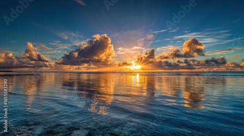 The sun is setting over the ocean, casting a warm glow on the water. The sky is filled with clouds, creating a serene and peaceful atmosphere