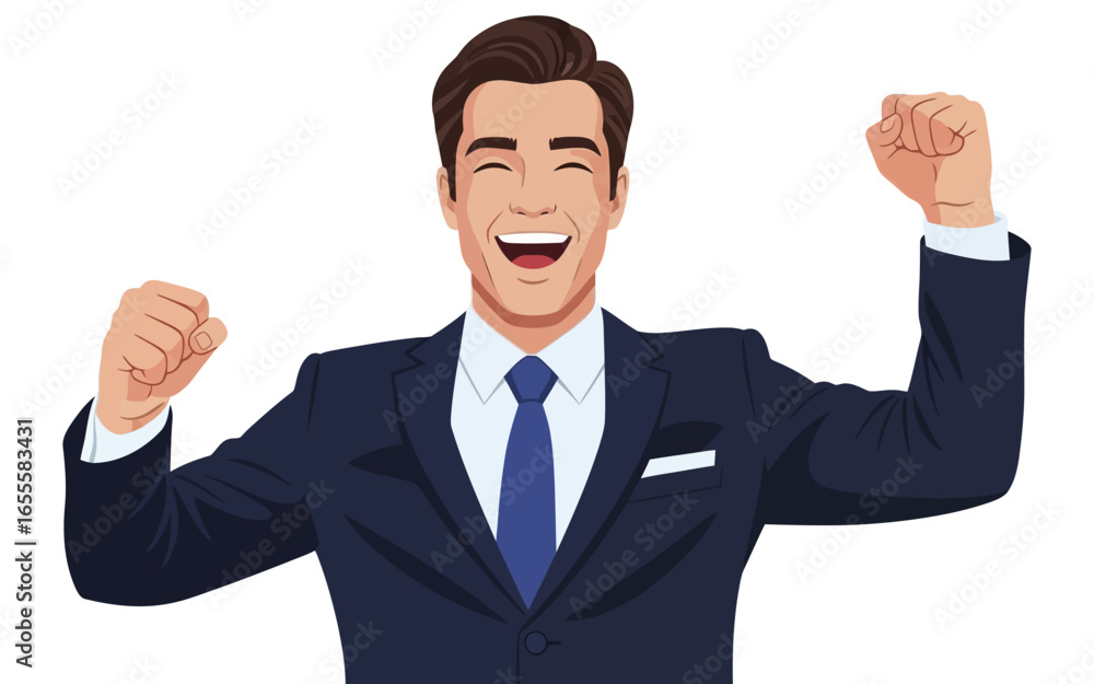 Joyful Businessman Celebrating Success with Raised Fists. Joyful Businessman Celebrating Success with Raised Fists.