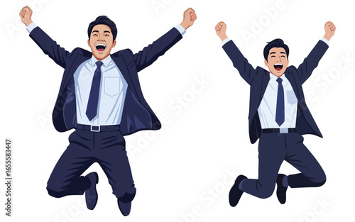 Two jubilant businessmen in suits leaping with arms raised in celebration.
