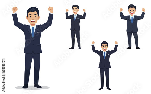 Cheerful Businessmen Celebrating Success with Arms Raised in Triumph.