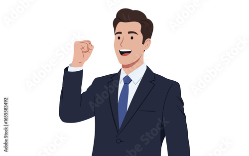 Animated Businessman in Navy Suit with Raised Fist and Exuberant Expression.