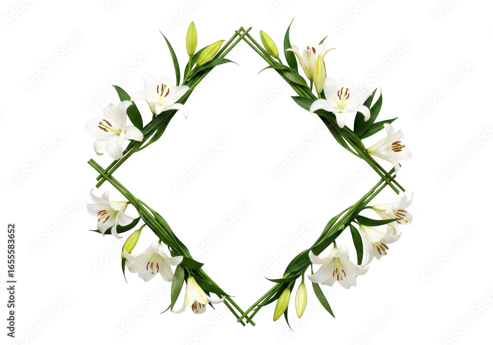 Fototapeta premium Diamond shaped floral frame with white lilies isolated on transparent background