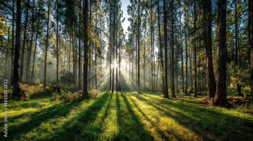 Fototapeta premium A forest with trees and grass. The sun is shining through the trees, creating a beautiful and peaceful atmosphere