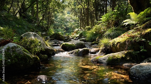 Nature theme, a mountain stream flowing gently, moss and ferns growing around, sunlight filtering through leaves creating light spots, background is dense forest 