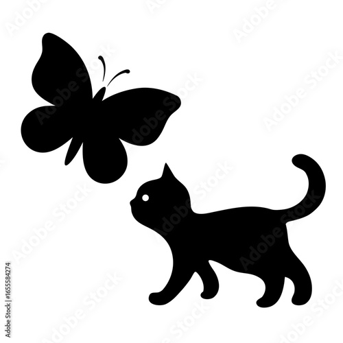 Black cat chasing a butterfly silhouette