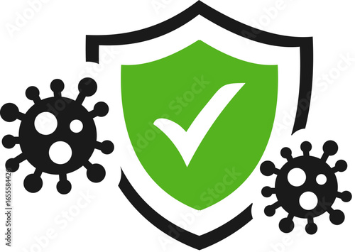 Virus Protection: Green Shield Icon with Check Mark,  Safe and Secure,  Modern Flat Design.