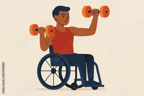 Flat animated wheelchair athlete weight training vector illustration