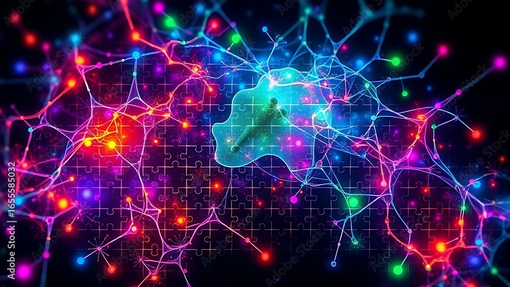 Fototapeta premium Glowing puzzle pieces forming a neuron-like mosaic in vibrant biological colors, depicting interconnected systems.