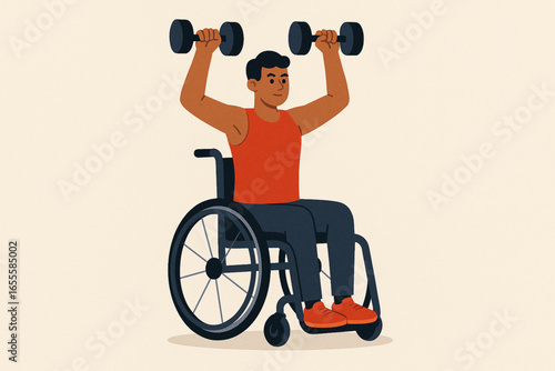 Flat animated wheelchair athlete weight training vector illustration