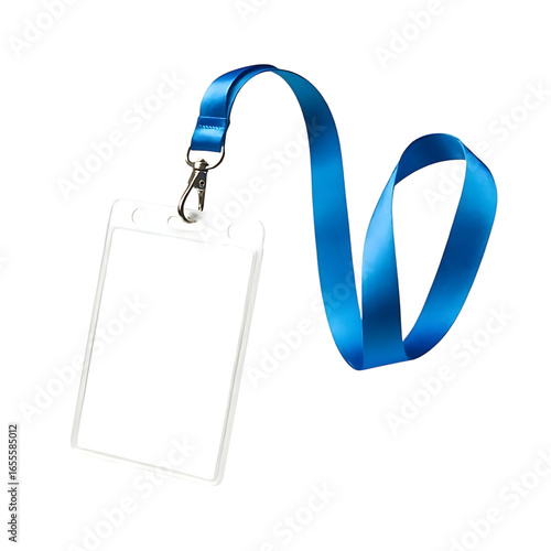 Blank white office id card holder with blue lanyard for security access and identification mockup transparent background