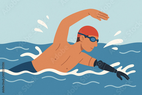 Flat animated athlete swimming with prosthetic arm vector illustration