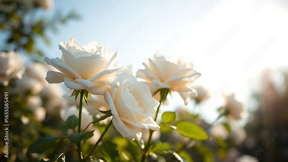 Obraz premium White roses in full bloom against a soft blue sky, sunlight creating a natural bokeh effect around them.