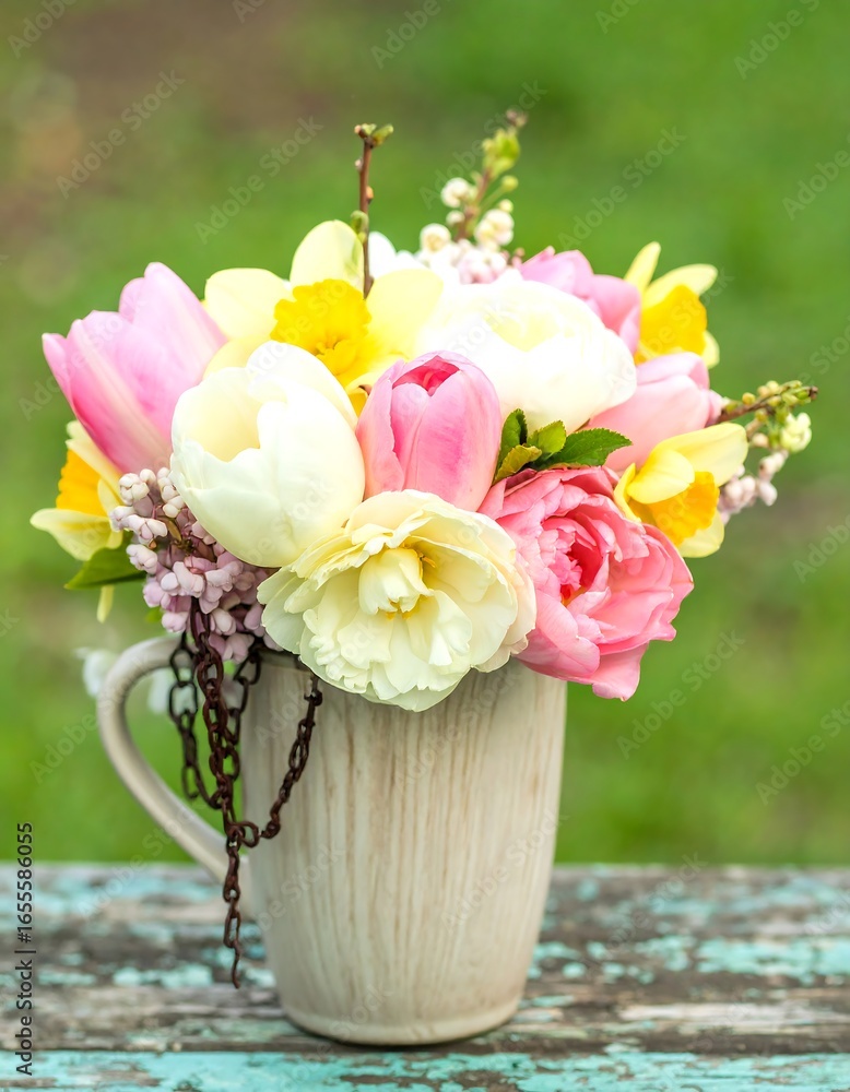 Obraz premium Spring flowers in a decorative mug