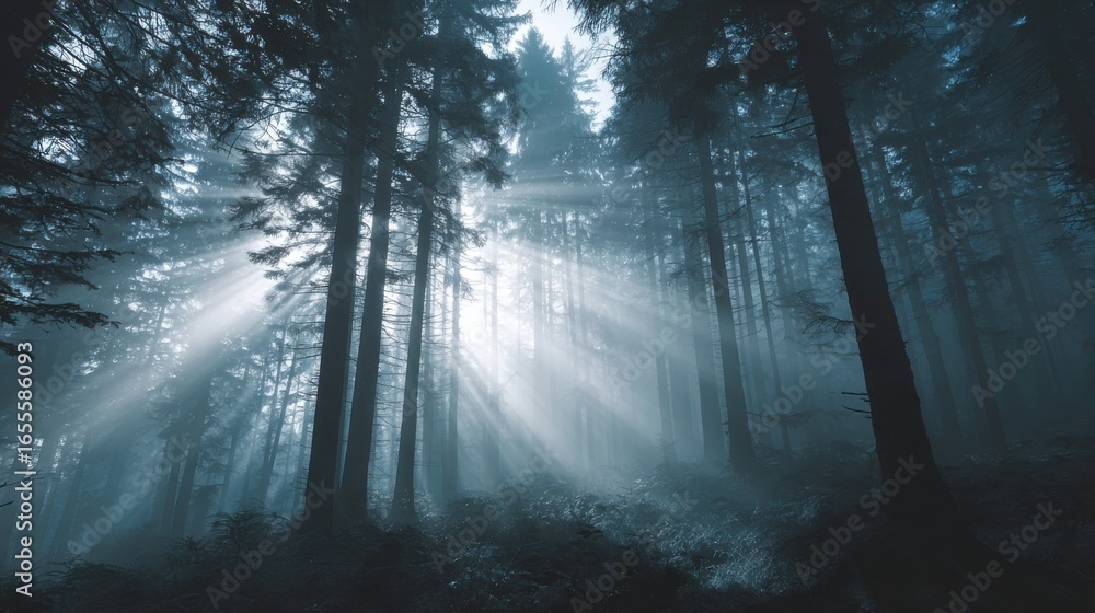Fototapeta premium A serene and peaceful forest scene with sunlight shining through the trees. The trees are tall and dense, creating a sense of depth and tranquility