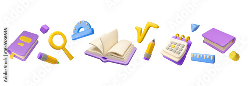 Vector 3d school supplies border illustration. Education stationery design. Back to school concept