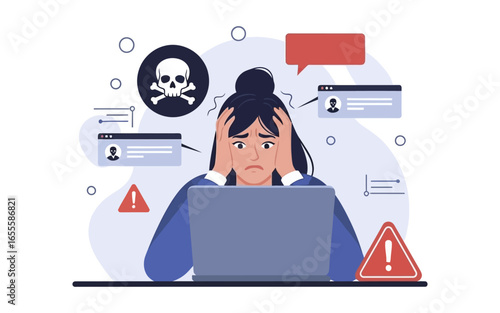 Stressed Woman Facing Online Security Threats.