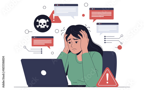 Stressed Woman Overwhelmed by Cyber Threats and Online Security Issues.