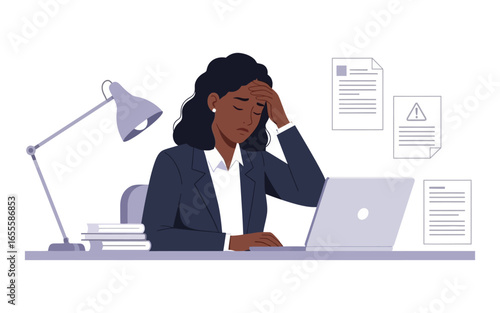 Exhausted AfricanAmerican Businesswoman with Laptop and Documents at Desk.