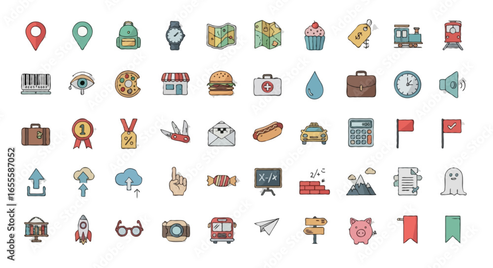 Fototapeta premium Vector Mixed icons set | include map pin, backpack, wristwatch, map, cupcake, price tag, train, barcode, umbrella, pizza slice, eye, donut, burger, store, medical kit, water drop, luggage, etc