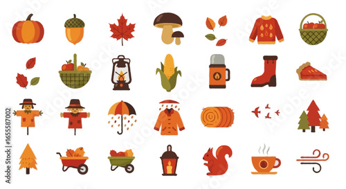 Vector Fall icons set | Include pumpkin, acorn, maple leaf, mushroom, warm sweater, falling leaves, basket of apples, lantern, corn cob, thermos, boots, campfire, scarecrow, pie slice, raincoat