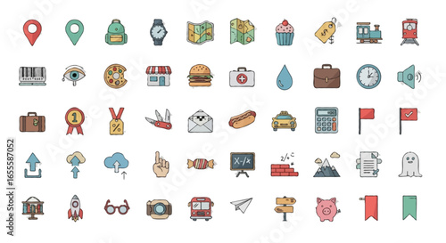 Vector Mixed icons set | include  map pin, backpack, wristwatch, map, cupcake, price tag, train, barcode, umbrella, pizza slice, eye, donut, burger, store, medical kit, water drop, luggage, etc
