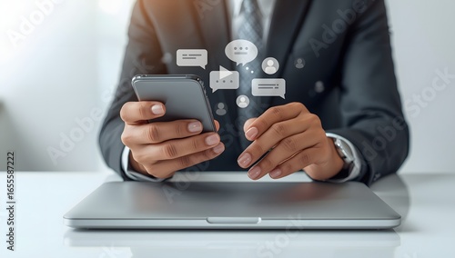 Businessman reviewing digital resume with virtual interface, illustrating online recruitment, candidate evaluation, HR analytics, and smart hiring technology in modern human resources.