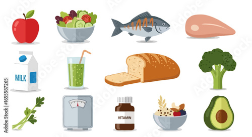Vector Nutrition & Diet icons set | Includes apple, salad bowl, fish, chicken breast, milk carton, bread loaf, smoothie glass, broccoli, measuring scale, vitamin bottle, grain bowl, and avocado