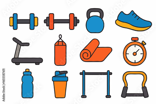 Vector Gym & Workout icons set | Includes dumbbell, barbell, kettlebell, running shoe, treadmill, punching bag, yoga mat, stopwatch, water bottle, protein shaker, pull-up bar, and resistance band