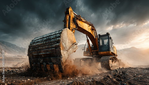Wallpaper Mural Construction worker operates excavator, digging earth at dusty site. Heavy machinery machinery, dirtied workwear, safety-gear visible. Powerful excavator bucket moves soil. Outdoor industrial work. Torontodigital.ca