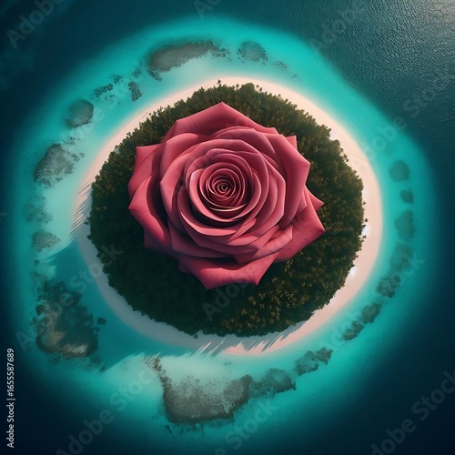 Rose-shaped island surrounded by turquoise reef — aerial cinematic view.