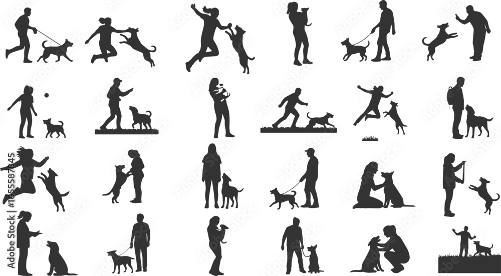 Fototapeta premium Group of People of All Ages with Dogs – Silhouette Vector Set
