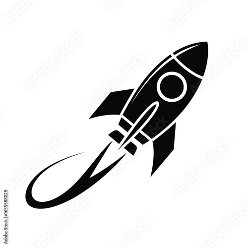 Black rocket ship icon with exhaust trail on white background spaceship space