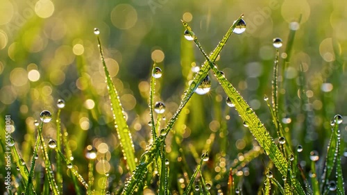 Blades of grass shimmer with dew drops, backlit by soft, glowing sunlight